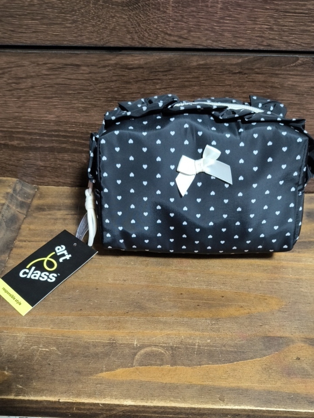 art class Black Cosmetic Pouch with White Heart Print and Bow